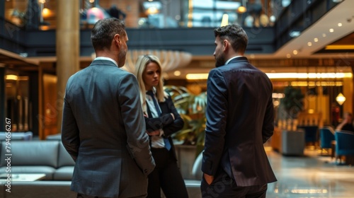 Three individuals dressed in professional attire appear to be concluding a heated discussion as they face away from the camera in . . photo