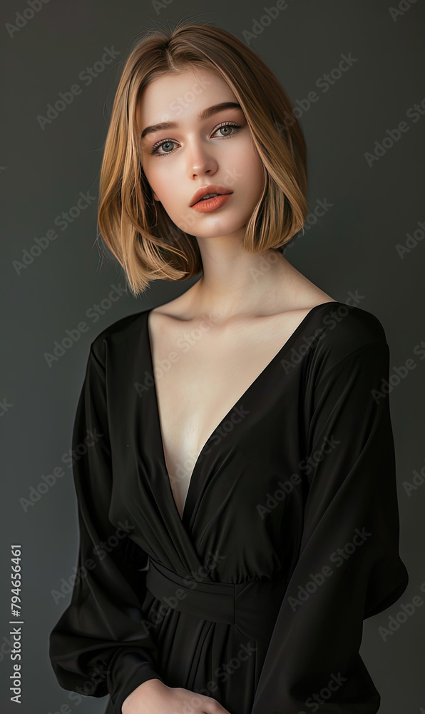 beautiful ash blonde model woman with Sleek Straight Hair posing in black dress with 34 sleeves