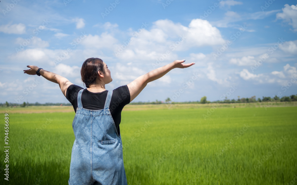 Landscape view asian woman one person beautiful standing looking view rice field natural sky cloud horizon distant countryside thailand asia travel happy enjoy fresh freedom holiday wind relax dawn Landscape view asian woman one person beautiful standing looking view rice field natural sky cloud horizon distant countryside thailand asia travel happy enjoy fresh freedom holiday wind relax dawn
