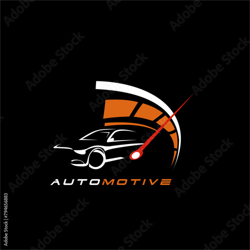 car automotive logo. car silhouette logo with RPM speedometer combination.