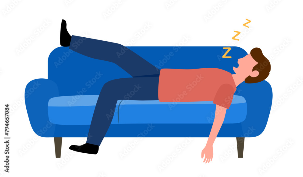 Fototapeta premium Lazy or tired man sleeping and snoring on couch in flat design on white background. Home lazy calm leisure time, relaxation and rest.