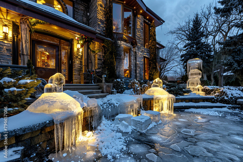 Magnificent property with a front garden showcasing ice sculptures during winter evenings.