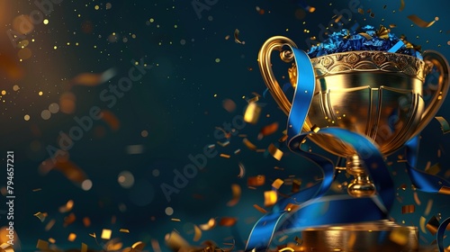 The cup with a shiny golden surface decorated with blue ribbons symbolizes victory and excellence. Generative AI