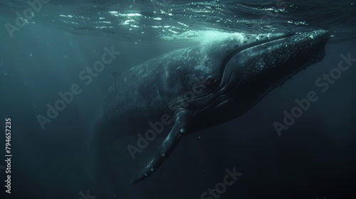 A humpback whale gracefully swims in the vast ocean, its body gliding through the water as it moves effortlessly. © Justlight