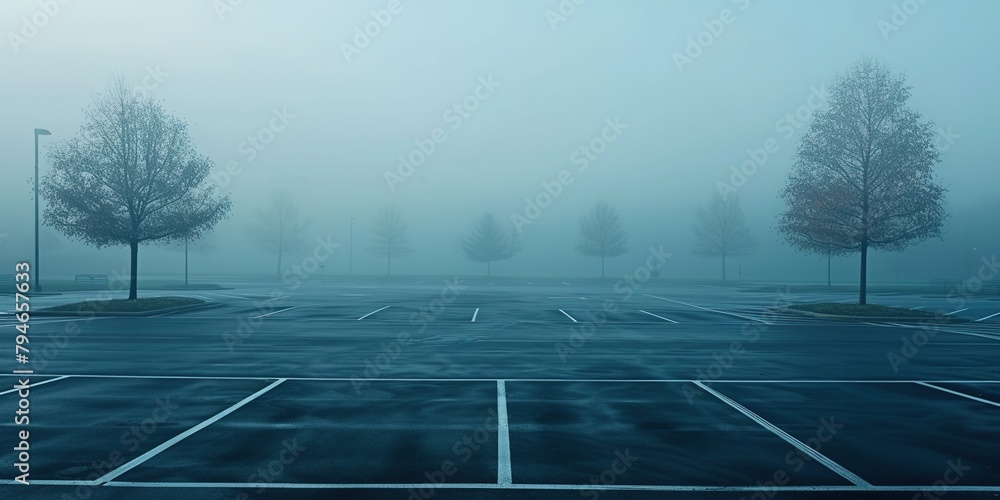 An empty parking lot on a cold, wet, foggy evening. An atmosphere of peace, mystery and mysticism. Generative AI An empty parking lot on a cold, wet, foggy evening. An atmosphere of peace, mystery and mysticism. Generative AI