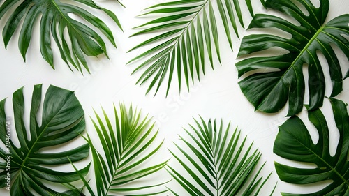 Tropical green leaves on white background - Vibrant green tropical leaves spread on a white backdrop  representing freshness and natural beauty