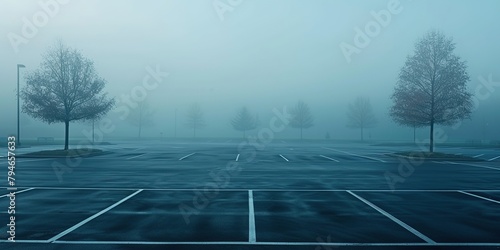 An empty parking lot on a cold, wet, foggy evening. An atmosphere of peace, mystery and mysticism. Generative AI
