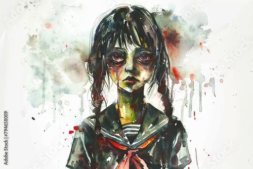 Watercolor painting of a haunted schoolgirl with hollow eyes and tear-streaked, pale skin stares blankly, blood splattered across her uniform. The watercolor's chaotic strokes and dripping reds evoke  photo