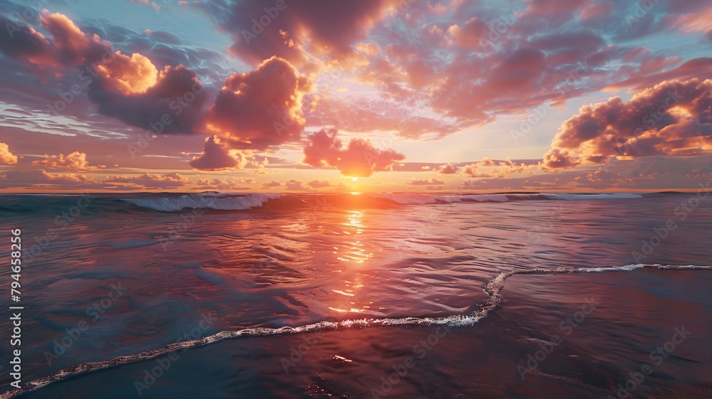  The gentle ebb and flow of waves create a symphony of serenity against a backdrop of a glowing sunset. 
