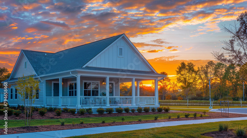 Lush sunset backdrop to a newly built community clubhouse with a white porch and gable roof in ultra HD.