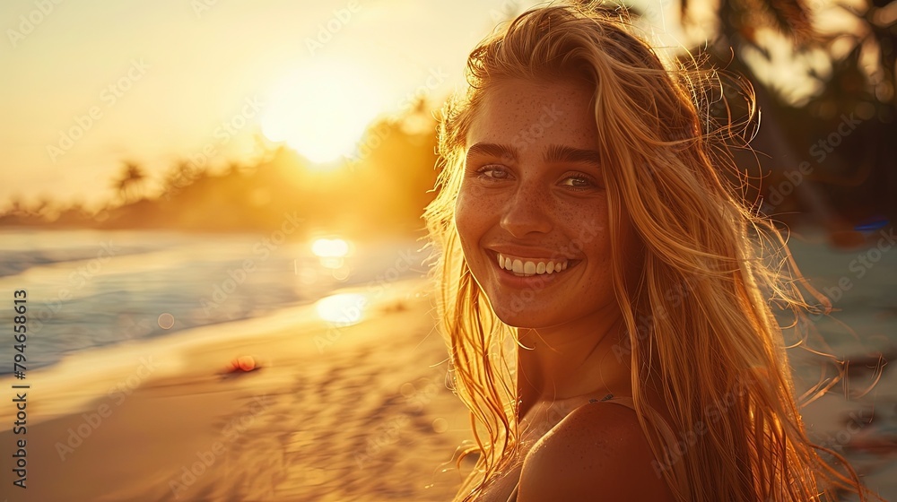 Sunset Serenity A Blonde Girl Blissful Vacation on the Tropical Beach Sunset Serenity A Blonde Girl Blissful Vacation on the Tropical Beach