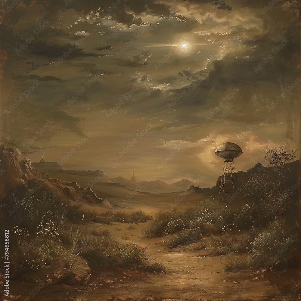 The desert hosts a satellite, a beacon for time travelers navigating through epochs - obrazy, fototapety, plakaty 