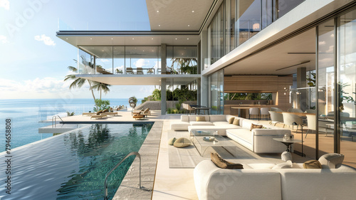 Luxury Beach House with Sea View Swimming Pool and Terrace in Modern Design, featuring glass walls for an unobstructed ocean view from the living area © ILOVEART