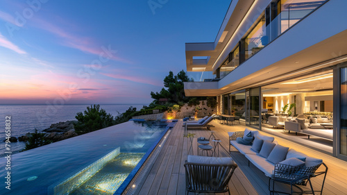 Luxury Beach House with Sea View Swimming Pool and Terrace in Modern Design  featuring a twilight view with soft outdoor lighting