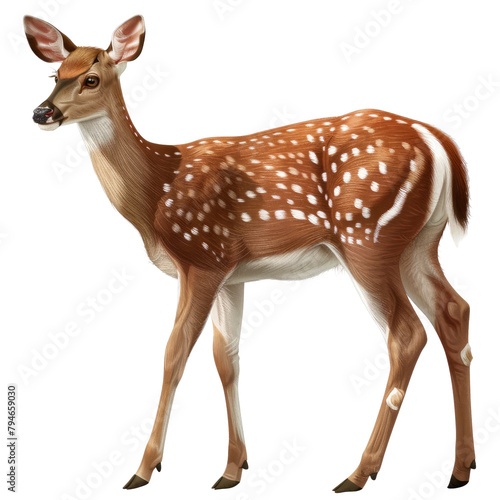 A deer with white spots and a rich brown fur pattern is standing in a forest in Africa isolated against a transparent background photo