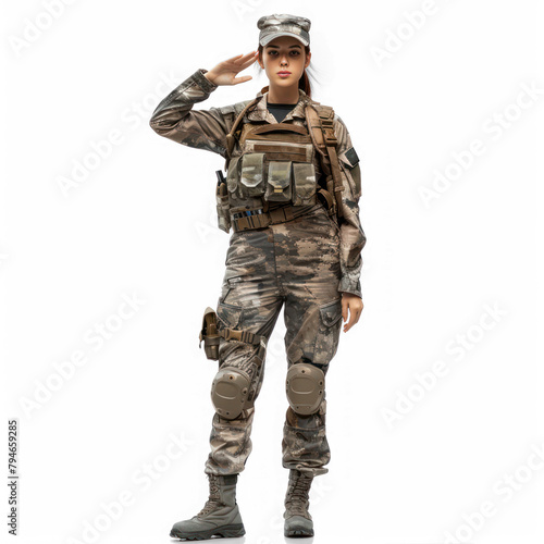 full body female solider salute on transparency background PNG 