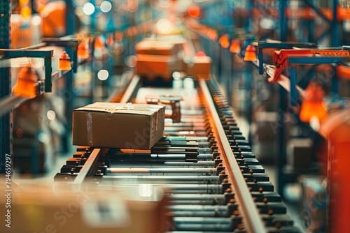 A conveyor belt in motion transporting a box along a production line in a manufacturing facility. Generative AI © Azhorov