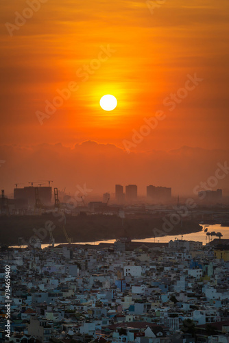 Ho chi minh City, Vietnam - April 21, 2024 aerial view of city skyline look from district 4 during early morning