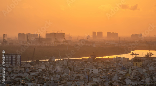 Ho chi minh City, Vietnam - April 21, 2024 aerial view of city skyline look from district 4 during early morning