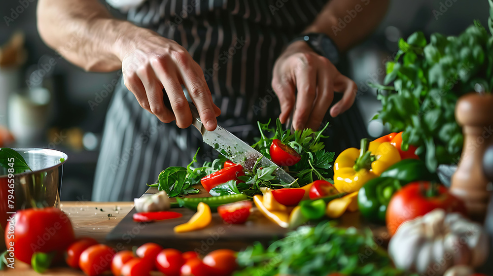 a person wearing a black and striped shirt is cutting vegetables with a silver knife on a wooden ta a person wearing a black and striped shirt is cutting vegetables with a silver knife on a wooden ta