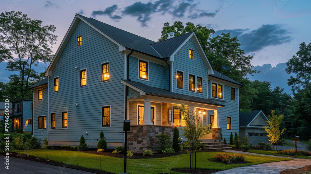 Panoramic angle capturing the evening glow of a slate blue house with siding, its lights twinkling warmly in the cool shade of a suburban setting.