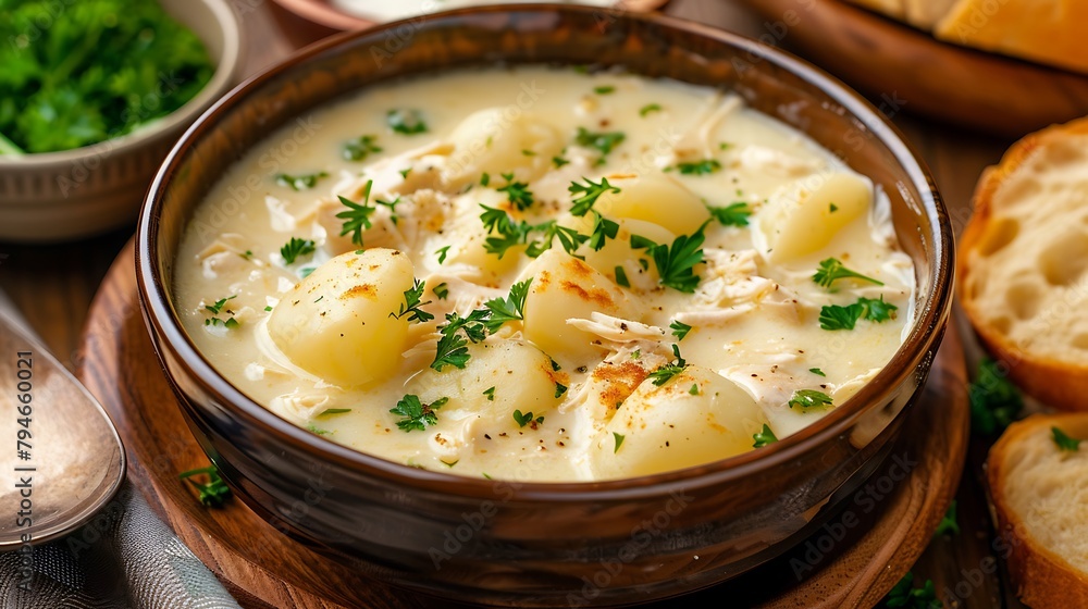 A bowl of creamy chicken and potato soup garnished with chopped parsley, served with warm crusty bread on the side