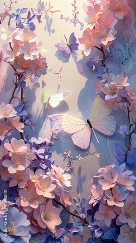 Exquisite craftsmanship: colorful butterfly and flower organic paper sculpture design, an illustration of dreamy romance, perfect for banner, capturing the beauty of nature in intricate detail.