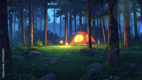 Nighttime mountain campsite with a glowing bonfire, a snug tent, and a backdrop of shimmering northern lights, captured in an anime art style. photo