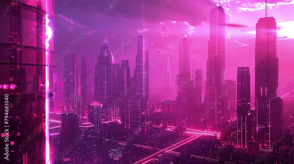 Fototapeta premium An aerial view of a sprawling city skyline extending to the horizon, with clusters of skyscrapers rising against a clear dust purple sky