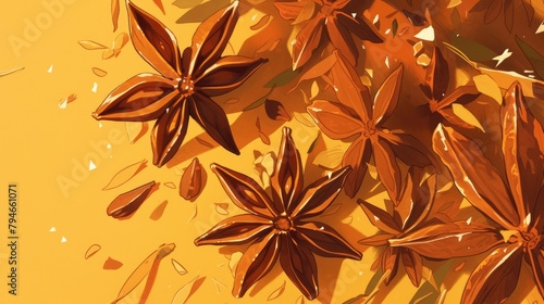 A vibrant 2d illustration showcasing the rich and aromatic star spice anise This organic seed is renowned for its delightful brown hue dry texture and its essential role as a flavorful food photo