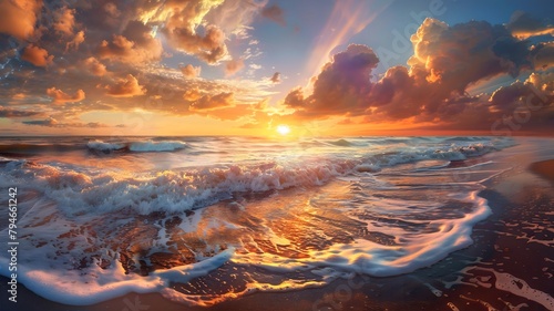  The gentle ebb and flow of waves create a symphony of serenity against a backdrop of a glowing sunset. 