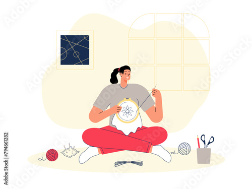 Girl is embroidering. Craft vector illustration