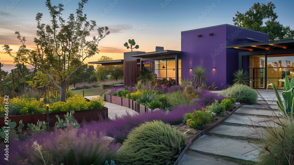 Dawn illuminates a modern home's purple exterior, its garden and sleek lines showcasing a tranquil scene in vivid detail.