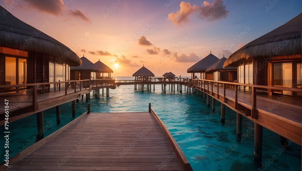 the entrance bridge of five star luxury resort in Maldives with a restaurant and water villa facade under the beautiful sunset sky. Ai Generative. the entrance bridge of five star luxury resort in Maldives with a restaurant and water villa facade under the beautiful sunset sky. Ai Generative.