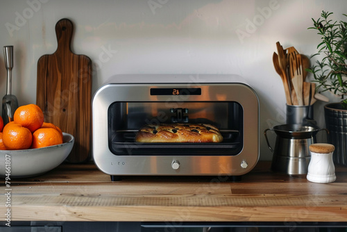 A stainless steel toaster oven with a compact footprint, suitable for any kitchen.
