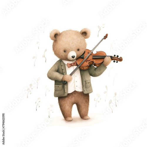 Teddy bear playing violin. Watercolor illustration isolated on white background. photo