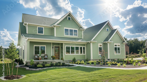 Wide-angle shot of a serene sage green house with siding  set against the backdrop of a meticulously landscaped suburban lot  under a sunny sky.