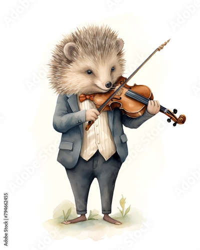 Hedgehog playing violin. Watercolor illustration on white background. photo