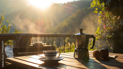 cafetiere italienne qui verse du caf dans une tasse, en arriere plan decors montagneux avec leve de soleil, ambiance chaleureuse