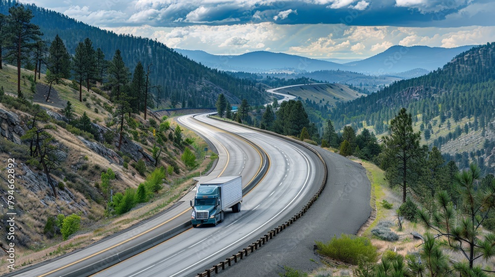 A high-angle shot of a freeway curve with a truck taking the lead, its motion blur contrasting with the static beauty of the surrounding landscape, showcasing the blend of nature and industry.