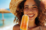 woman eating ice cream on the beach .summer holiday vocation. Generative AI