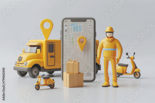 3D images, online delivery images Shipping in the modern era Using a pin to indicate the location on the map app on the phone screen, 3D models, online, delivery