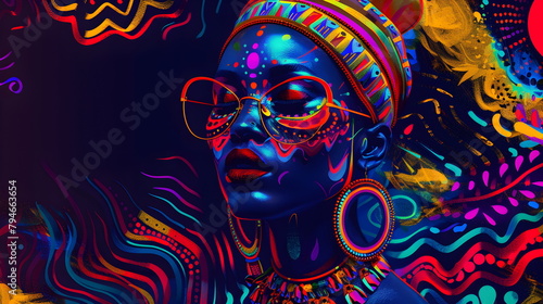 Close-up portrait of an African girl in a nightclub. Cute African American woman painted with ethnic patterns in bright neon light. Nightlife concept. Entertainment concept.