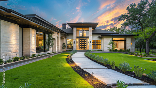 Modern upscale home with a green, lush lawn and pathway to a grand porch entrance, captured in crisp, high-definition morning light.