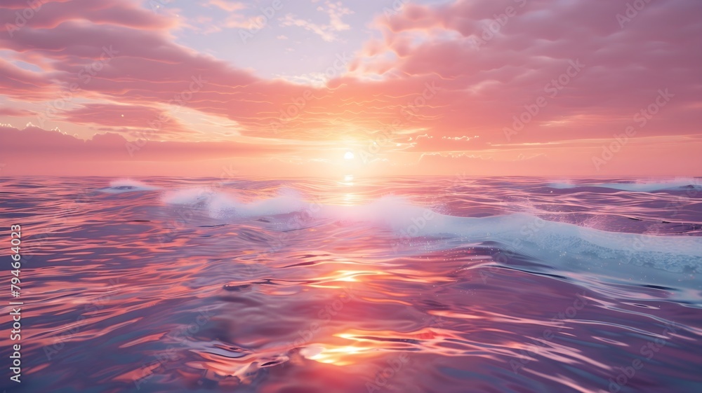  The horizon ablaze with the dying embers of the sun, casting a soft glow on the peaceful waves. 
