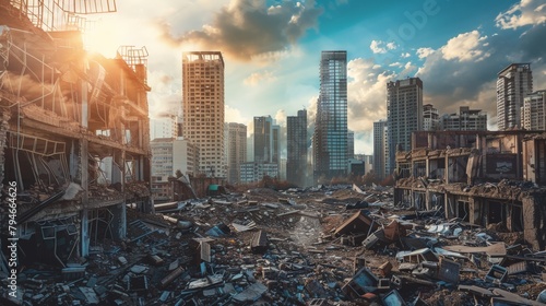 Apocalyptic cityscape with remnants of humanity's downfall