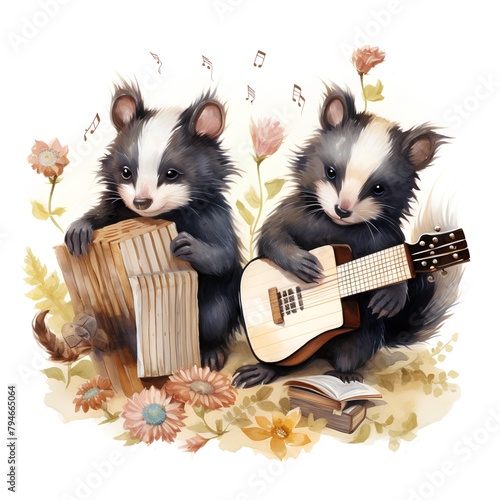 Watercolor illustration of a group of three black and white little skunk with a ukulele and a book. photo