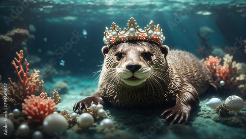An otter wearing a gold crown is sitting on a rock in a body of water. The otter is surrounded by colorful coral and pearls.