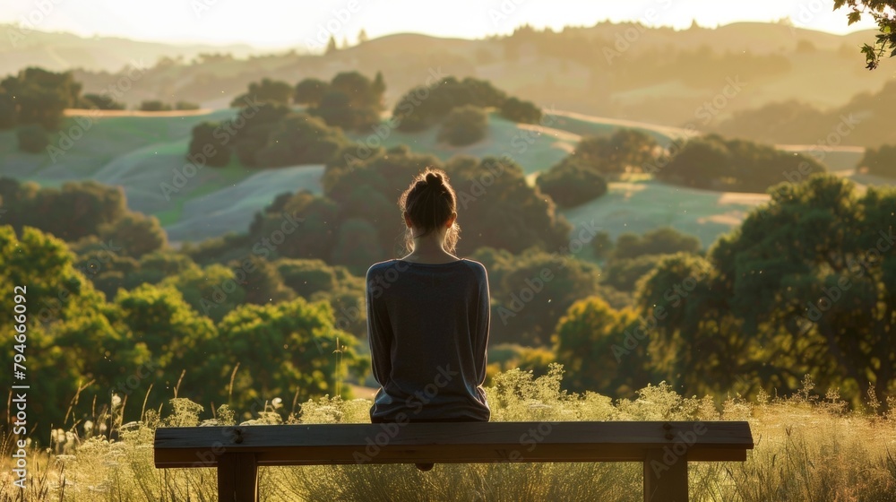 A woman sits on a bench looking out at the rolling hills and distant trees back turned to the camera as practices meditation . .
