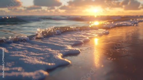  The sun dipping below the horizon, casting a warm glow over the gentle waves lapping at the sandy shore. 
 photo